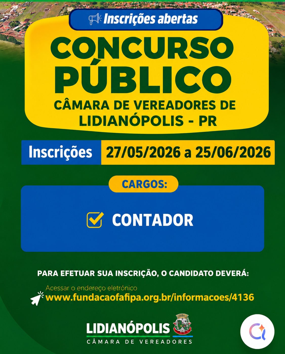 Concurso Público N° 001/2026 - Câmara Municipal de Lidianópolis